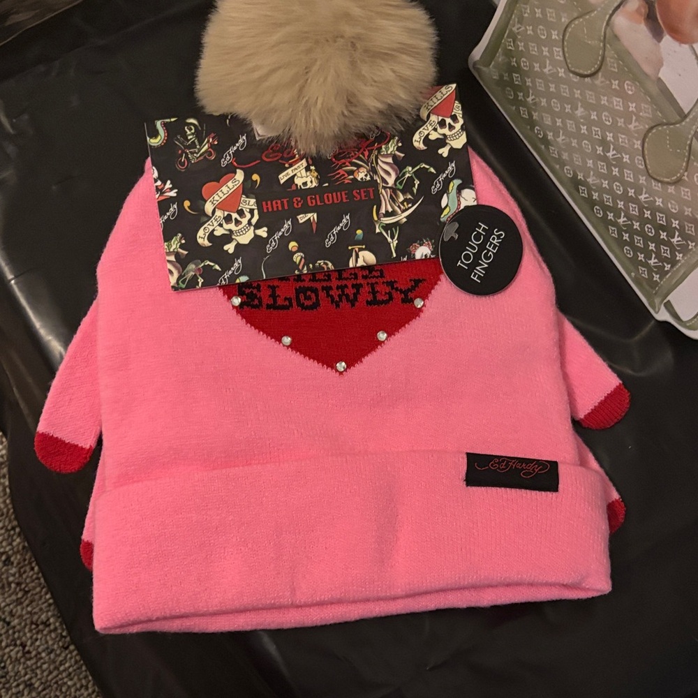 Ed Hardy Pink Hat and Glove Set with Red Accents